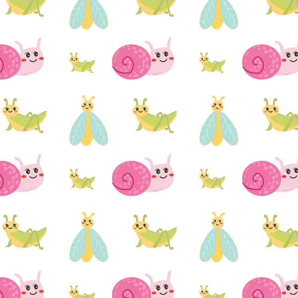 Seamless pattern with cute animals insects - fly, snail and grasshopper. Kids animal background - spring background.