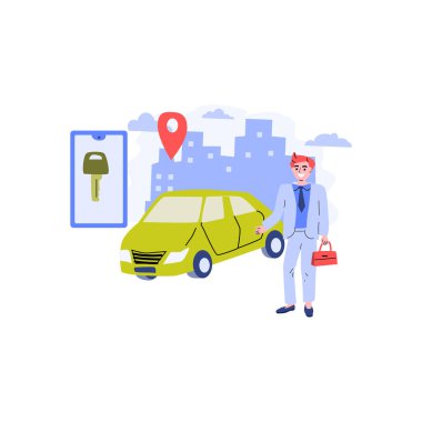 Kira araba paylaşım konsepti, ulaşım araba paylaşım servisi. Modern şehir manzaralı vektör illüstrasyonu. Elektronik anahtarı olan otomobil siparişi veren mobil uygulaması kullanan bir adam. 