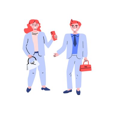 Mavi takım elbiseli genç kadın ve adam konuşuyor ve ayakta duruyor. Vektör illüstrasyonu izole edildi. Konsept arka plan, kartlar, posterler için kullanılabilir. 