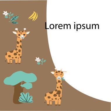 Fotokopi alanı olan bir zürafa karikatürü. Bebek kutlaması afişi için vektör illüstrasyonu kullanılabilir. 