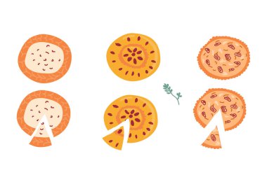 Peynirli kek, soğanlı turta ve çilekli turta seti. Vektör illüstrasyonu izole edildi. Krem peynirli turta, soğan ve peynir, meyve hissi.. 