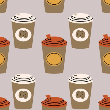 Kâğıt bardaktaki kahve pürüzsüz. Vektör illüstrasyonu mutfak tekstili, ambalaj kağıdı, kafe duvar kağıdı, poster kağıdı için kullanılabilir.. 
