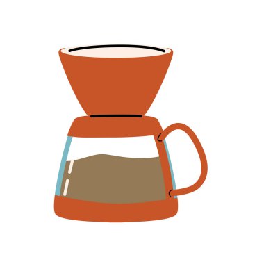 Kırmızı renkli el yapımı kahve makinesi. Vektör illüstrasyonu izole edildi. Çizgi film biçimi. 