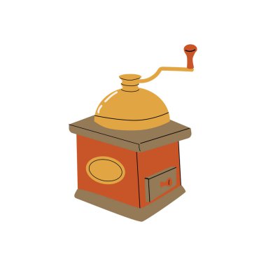 Çizgi filmdeki eski kahve öğütücüsü. El çizimi tarzı. Etiket, tebrik kartı, tekstil, ambalaj kağıdı için vektör illüstrasyonu kullanılabilir. 