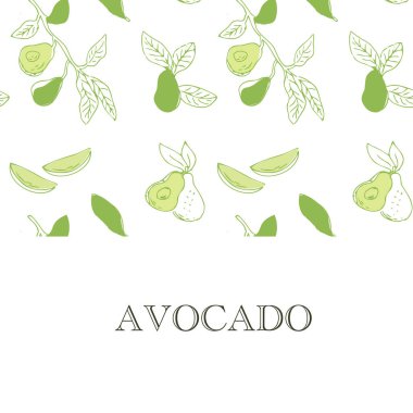 Avokado kare renkli pankart. Avokado, dilimlenmiş parçalar, yarısı, yaprak ve tohum çizimi.. 