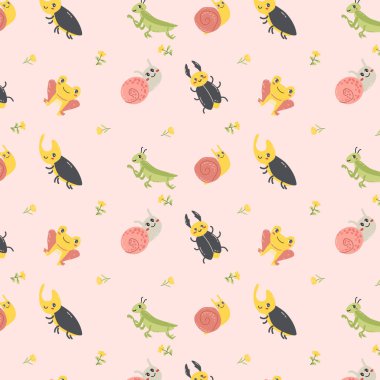 Pembe arka plandaki sevimli böcekler. Elle çizilmiş düz bir şekilde vektör illüstrasyonu. Böcek ve salyangoz böceği, çekirge. Moda tasarımı. 