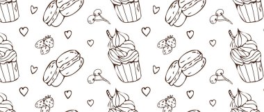 El yapımı kek, badem kurabiyesi, kiraz, çilek, kalp arka planı. Vektör illüstrasyonu izole edildi. Tebrik kartı, davetiye, menü arkaplanı, poster, tekstil, ambalaj kağıdı için şablon kullanılabilir