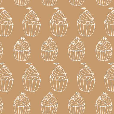 El çizimi kiraz ve çilekli kek ana hatları. Vektör illüstrasyonu izole edildi. Tebrik kartı, menü arkaplanı, tekstil, ambalaj kağıdı için şablon kullanılabilir