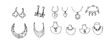 Elle çizilmiş elmas kolyeler ve diğer mücevher malzemeleri. Vektör illüstrasyonu izole edildi. Kutlama kartı, güzellik afişi, posterler, kıyafet baskısı için kullanılabilir.. 