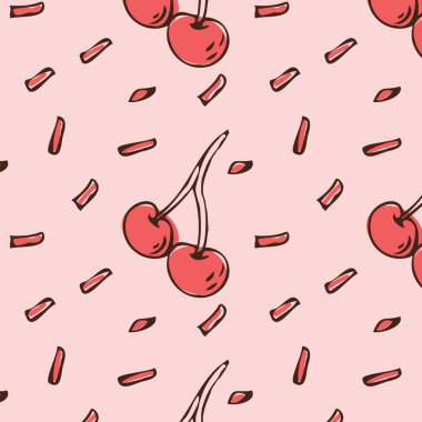 El çizimi, çizim, kirazlı, dikişsiz desen. Vektör illüstrasyonu ambalaj kağıdı, etiket, tebrik kartı olarak kullanılabilir. Tekstil ve kumaş için özet vektör çizimi. 