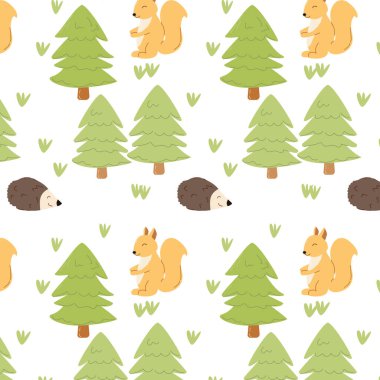 Woddland hayvanlarıyla çocuksu bir yaz dönemi. Vektör illüstrasyonu izole edildi. Paket kağıdı olarak kullanılabilir. Duvar kağıdı, poster. 