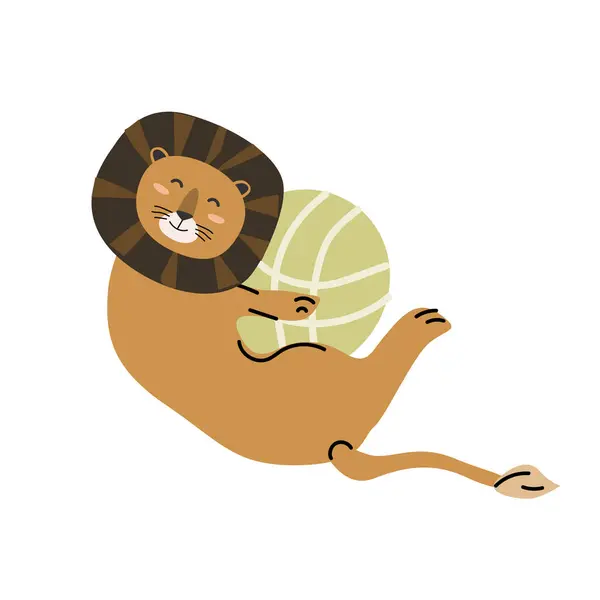 Cute jungle wild animal cat - lion with ball in scandinavian style. Vector illustration in flat style. Isolated vector icons of wild jungle cute lion, baby animal character. Can used for cards, background.