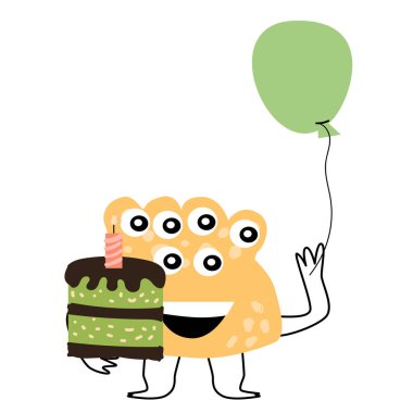 Yıldönümü kartı olarak balonlu tatlı sarı canavar ve pasta. Sancak için vektör illüstrasyonu, bebek doğum günü arkaplanı, tebrik kartı, iç mekan posteri. 