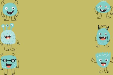 Sınır canavarını kutlayın ya da şablonu gizleyin. Davetiye tasarımı, menü arkaplanı, tebrik kartı için sevimli karalama karakterlerinin vektör çizimi. 