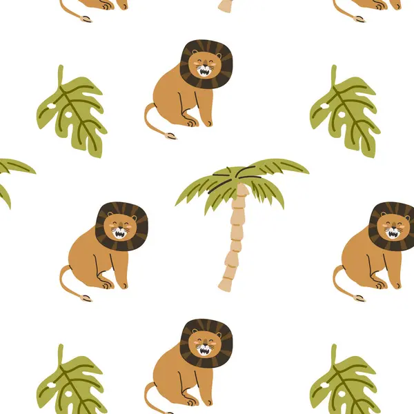 cute wild tropical animal lion and roar with tree seamless pattern. Vector illustration with lion wild jungle animal, tropical plants palm or leaves.