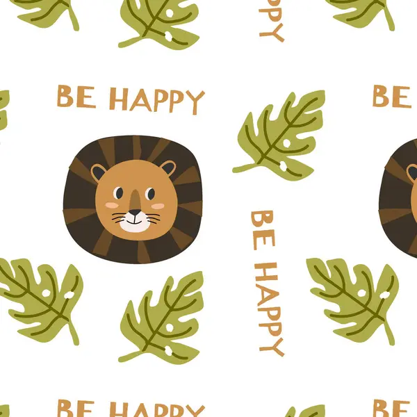 cute wild tropical animal lion and be happy lettering seamless pattern. Vector illustration with lion wild jungle animal, tropical plants palm or leaves.