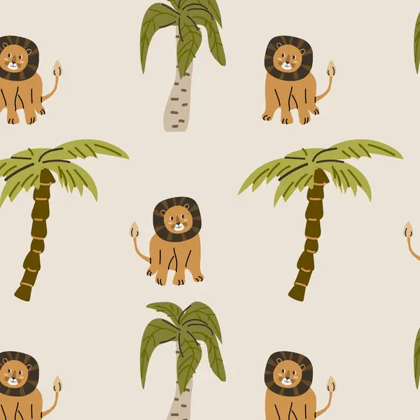 cute wild tropical animal lion sitting and palm seamless pattern. Vector illustration with lion wild jungle animal, tropical plants palm or leaves.