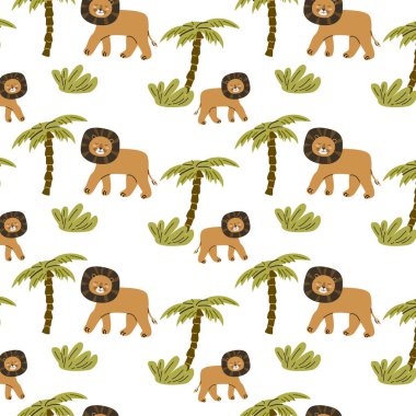 Şirin tropikal hayvan aslanı ve avuçsuz bucaksız desen. Aslan vahşi orman hayvanı, tropik bitki palmiyesi ya da yapraklı vektör çizimi. 