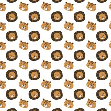 İskandinav hayvan aslanı ve leopar başı deseni. Çocuksu tekstil ve baskılar için vektör illüstrasyonu kullanılabilir. 