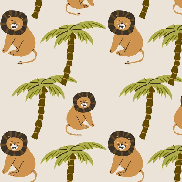 cute wild tropical animal lion roaring near the palm seamless pattern. Vector illustration with lion wild jungle animal, tropical plants palm or leaves.