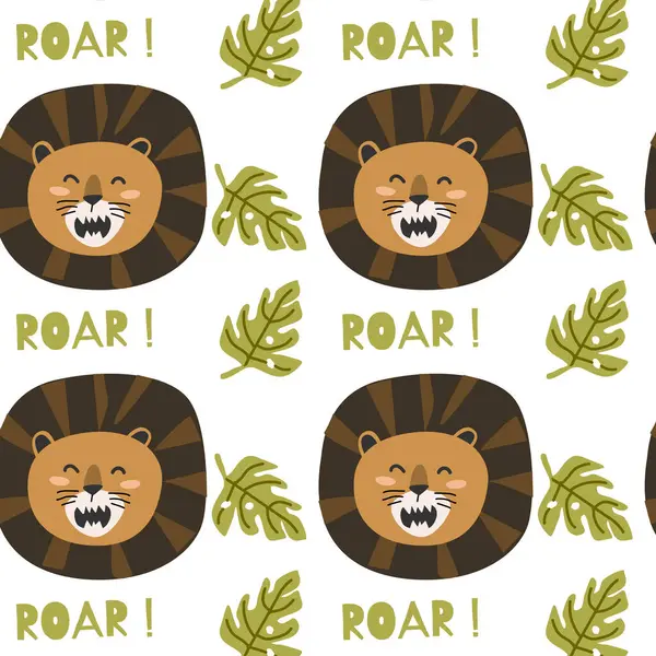 cute wild tropical animal lion and roar seamless pattern. Vector illustration with lion wild jungle animal, tropical plants palm or leaves.
