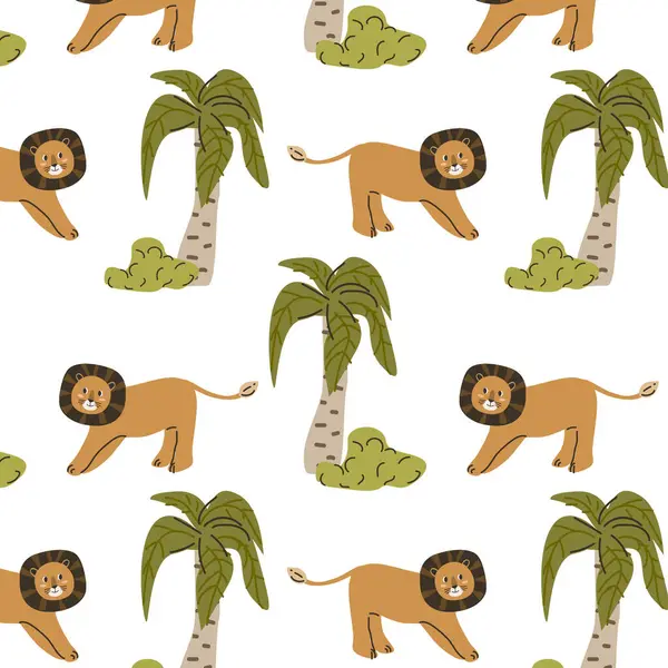 cute wild tropical animal lion in jungle seamless pattern. Vector illustration with lion wild jungle animal, tropical plants palm or leaves.