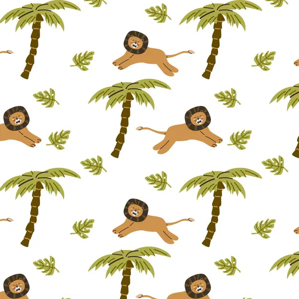 cute wild tropical animal lion roaring in jungle forest seamless pattern. Vector illustration with lion wild jungle animal, tropical plants palm or leaves.
