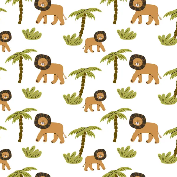cute wild tropical animal lion and palm seamless pattern. Vector illustration with lion wild jungle animal, tropical plants palm or leaves.