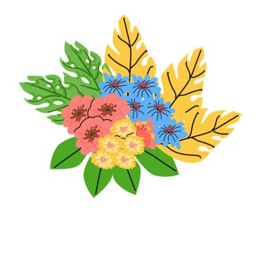 Tropik bir buket. Yapraklı yaz çiçeği. Kutlama kartı ve pankart için vektör illüstrasyonu kullanılabilir. Brezilya egzotik çiçekleri. 