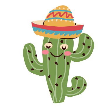 Meksika şapkalı komik Meksikalı kaktüs karakteri. Meksika şapkası. Kutlama kartı, etiket ve pankart için vektör illüstrasyonu kullanılabilir. 