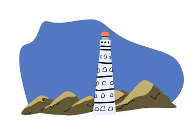 Deniz sahilinde, dağ kayaları olan şirin beyaz deniz feneri. Deniz manzaralı karikatür. Sahildeki güzel deniz fenerinin ve kayaların vektör çizimi. Doodle Deniz Sanatı. 