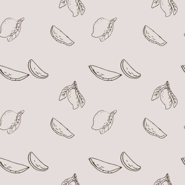 Mangolu kusursuz desen, tropikal meyve arkaplanı. Vektör illüstrasyonu ambalaj kağıdı, arkaplan, poster, duvar kağıdı, tekstil için kullanılabilir. Mango taslağı - boho tasarımı. 