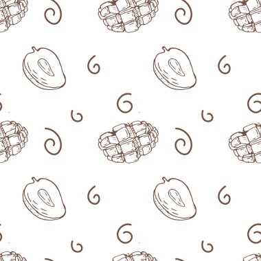 Kusursuz tropikal meyve mango arka planı. Vektör illüstrasyonu ambalaj kağıdı, arkaplan, poster, duvar kağıdı için kullanılabilir. Mango taslak çizimi. 