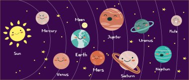 Evren kümesi, Güneş Sistemi gezegeni ve evren arka planında uzay elementi. Çizgi film tarzında vektör illüstrasyonu.