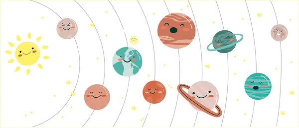 Evren kümesi, Güneş Sistemi gezegeni ve evren arka planında uzay elementi. Çizgi film tarzında vektör illüstrasyonu.