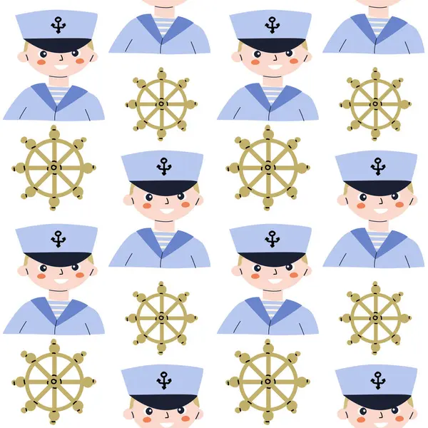 Denizci çocuk ve tekerleği olan şirin bir denizci bebek modeli. Tekstil, kumaş ve kreş için kusursuz vektör deniz izi. Oğlanın vektör illüstrasyonu.