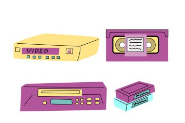 90 'ların retro elementleri ya da 80' ler ya da y2k elementleri, retro tarzı, oyun ve müzik ögeleri. Çıkartmalar, afişler, tebrik kartları için kullanılabilir.