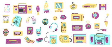 90 'ların retro elementleri ya da 80' ler ya da y2k elementleri, retro tarzı, oyun ve müzik ögeleri. Çıkartmalar, afişler, tebrik kartları için kullanılabilir.