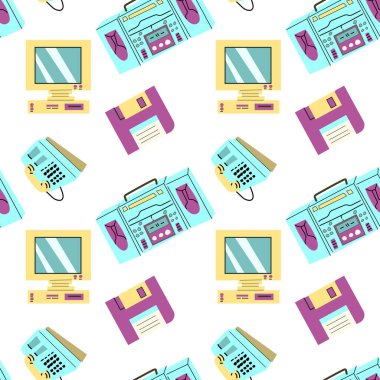 90 'ların retro elementleri pürüzsüz kalıp, retro stil, oyun ve müzik öğeleri. Çıkartma, pankart ve tebrik kartı olarak kullanılabilir. Duvar kağıdı, tekstil, müzik arkaplanı.