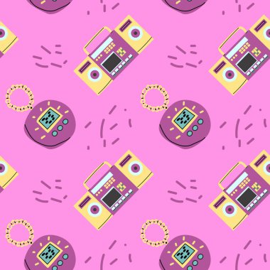 90 'ların retro elementleri pürüzsüz kalıp, retro stil, oyun ve müzik öğeleri. Çıkartma, pankart ve tebrik kartı olarak kullanılabilir. Duvar kağıdı, tekstil, müzik arkaplanı.