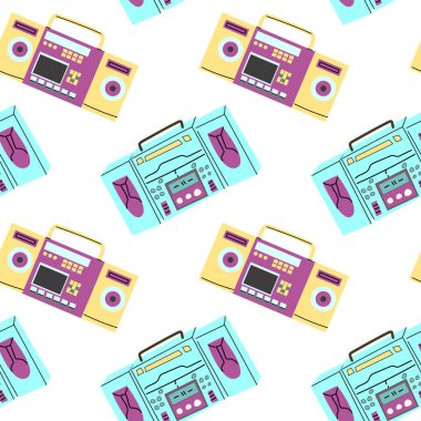 90 'ların retro elementleri pürüzsüz kalıp, retro stil, oyun ve müzik öğeleri. Çıkartma, pankart ve tebrik kartı olarak kullanılabilir. Duvar kağıdı, tekstil, müzik arkaplanı.