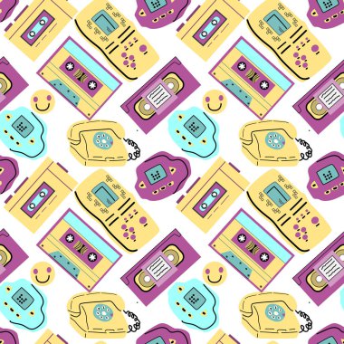 90 'ların retro elementleri pürüzsüz kalıp, retro stil, oyun ve müzik öğeleri. Çıkartma, pankart ve tebrik kartı olarak kullanılabilir. Duvar kağıdı, tekstil, müzik arkaplanı.
