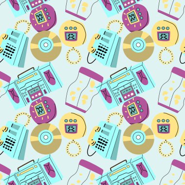 90 'ların retro elementleri pürüzsüz kalıp, retro stil, oyun ve müzik öğeleri. Çıkartma, pankart ve tebrik kartı olarak kullanılabilir. Duvar kağıdı, tekstil, müzik arkaplanı.