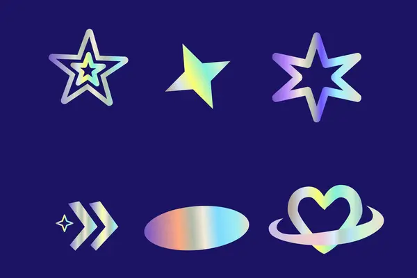 Y2k elementleri, gradyan, 2000 'lerin holografik çıkartmaları ile retro-00s tarzında ayarlandı. Vektör fütüristik afiş, poster ve tebrik kartı olarak kullanılabilir. Soyut estetik y2k seti, tırnak içinde gümüş şekiller.