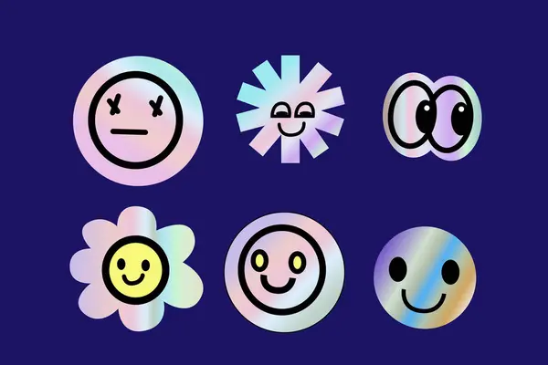 Y2k elementleri, gradyan, 2000 'lerin holografik çıkartmaları ile retro-00s tarzında ayarlandı. Vektör fütüristik afiş, poster ve tebrik kartı olarak kullanılabilir. Soyut estetik y2k seti, tırnak içinde gümüş şekiller.