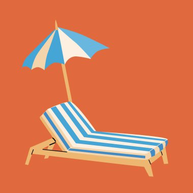 Yaz tatili ve tatil beldesi konsepti. Plaj şemsiyesi ve güneş yatağı ya da kırmızı arka planda açık sandalye