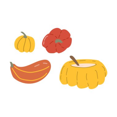 Sonbahar sonbaharı Şükran Günü öğeleri hasat ikonlarıyla hazırlanır. Sonbahar sebze kabağı koleksiyonu. Elle çizilmiş sonbahar yemek vektörü illüstrasyonu