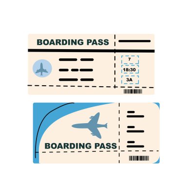 Yaz tatili uçak biletleri izole edilmiş. Uçuş konsepti için karikatür uçak bileti koleksiyonu. Uçak biletleri düz stil.