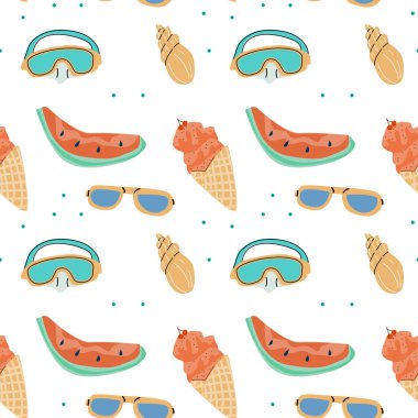 Plaj elementleri ve aksesuarları olan kusursuz bir yaz tatili örneği. Tekstil, duvar kağıdı, arkaplan baskısı için kullanılabilir.