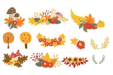 Sonbahar Sonbaharı Şükran Günü bayrağını yeşillik yapraklarıyla selamlıyorum. Hoş geldiniz sonbahar afişi. Yeni hasat mevsimine davetiye. Poster tasarımı, baskılar, el ilanları için şablon. Vektör illüstrasyonu.